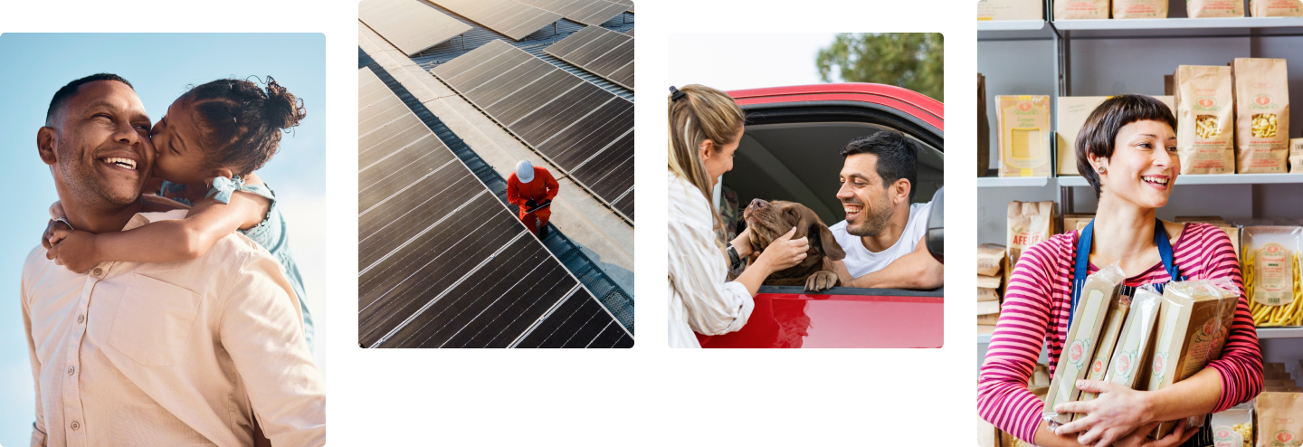 Collage of smiling individuals with family, at work, in a car and at a small business.