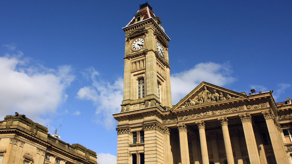 Clock tower of the Victorian council house building in Birmingham, UK.