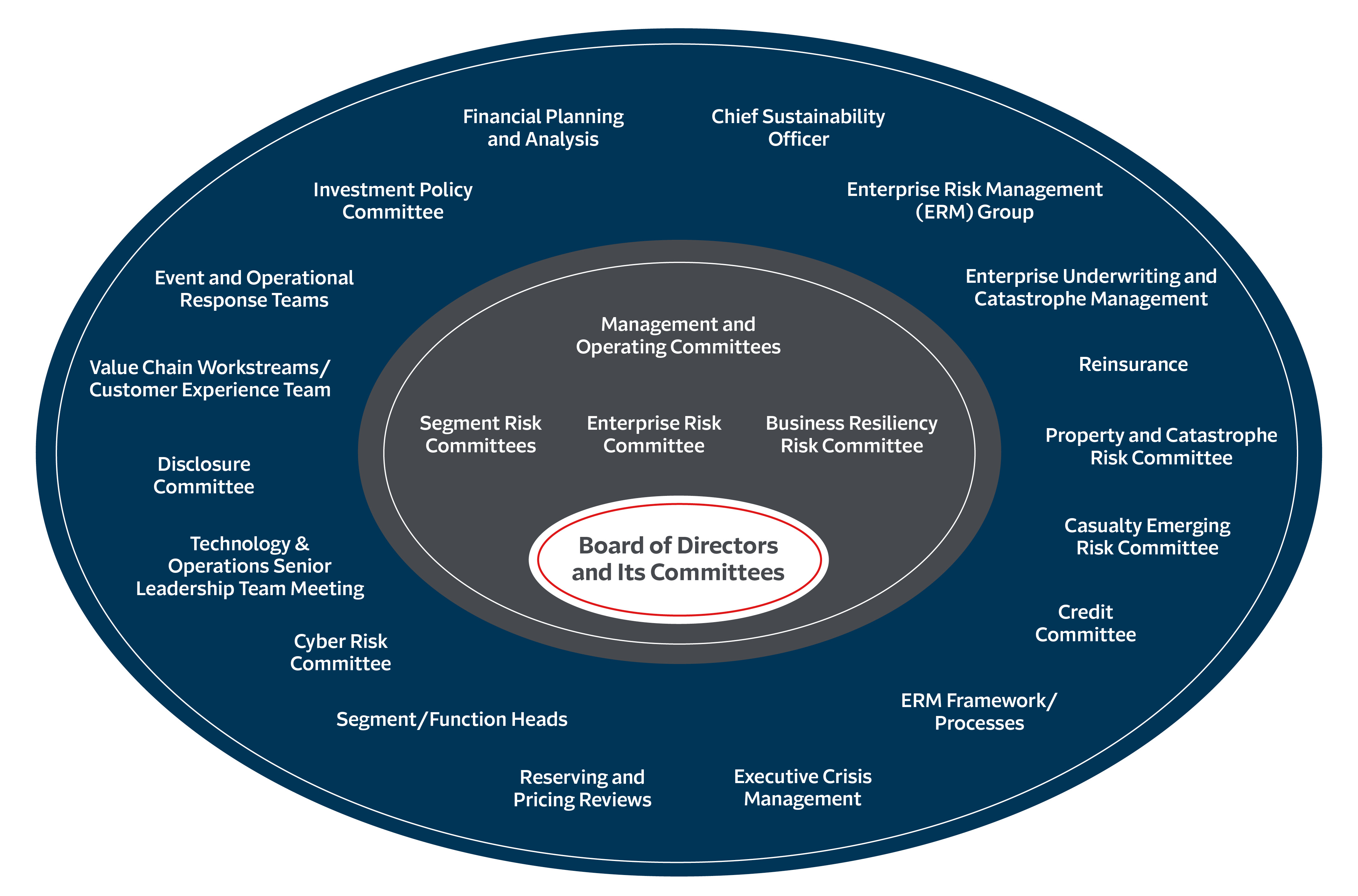 Diagram of the different groups, committees, functions and processes, see details below.