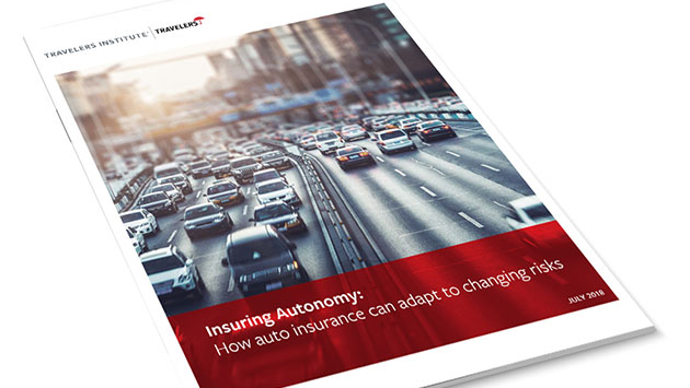 Page illustration of cars driving down a busy city highway with text "insuring autonomy".