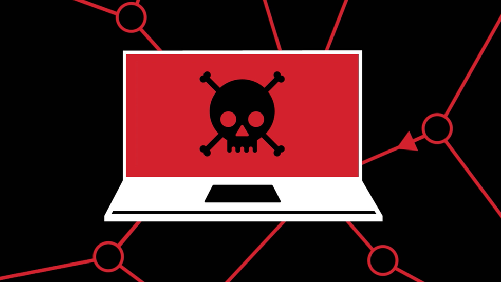 Graphic of a computer laptop with a skull and crossbones poison symbol on the screen area.