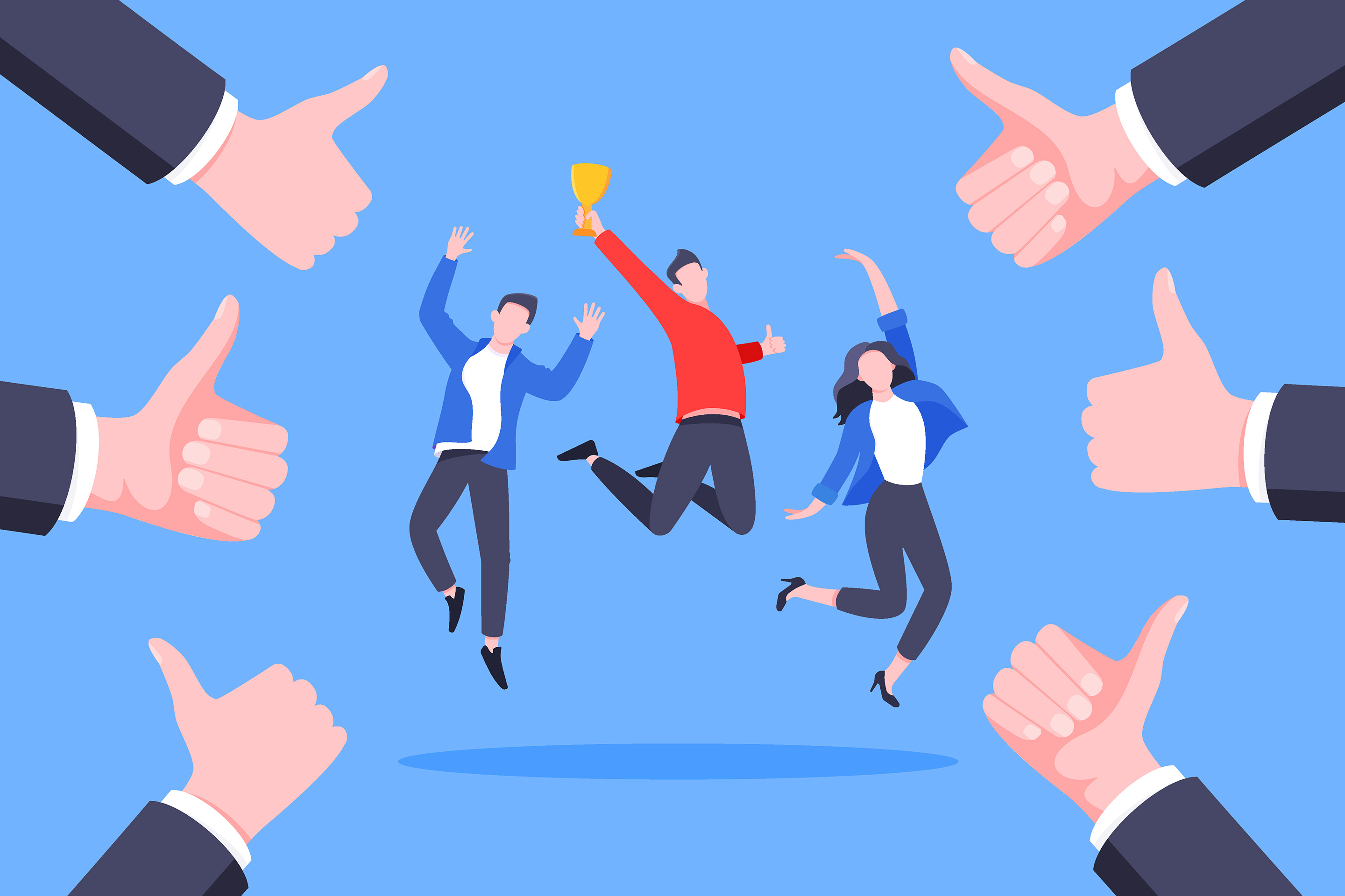 Employees cheering and giving thumbs up for achievements