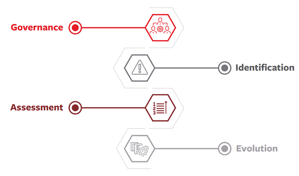 A diagram with illustrative icons next to the words Governance, Identification, Assessment, Evolution.
