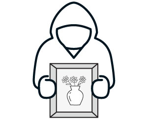 An illustration of a hooded person holding a picture frame.