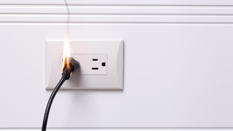 Outlet on fire with cord plugged in.