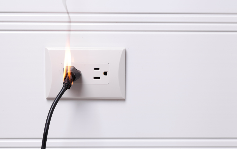 Outlet on fire with cord plugged in.