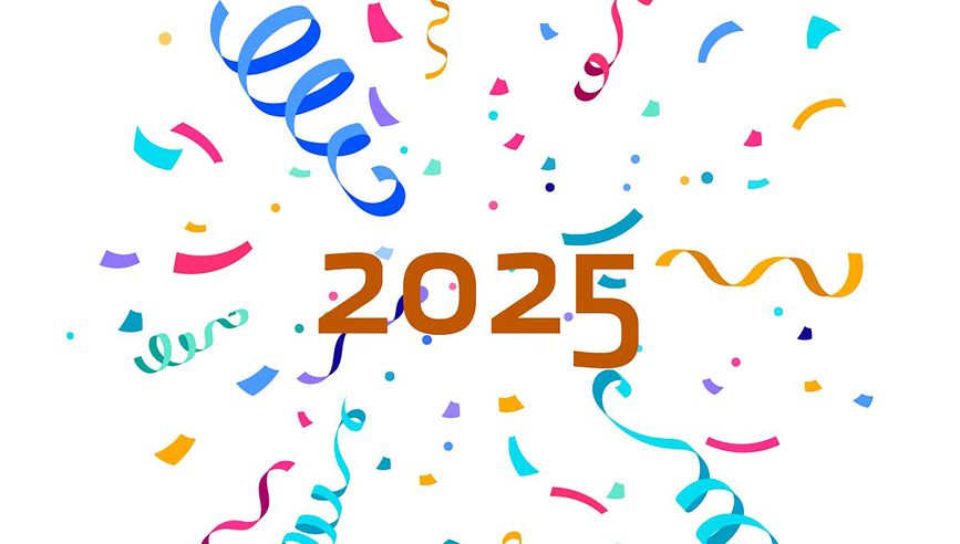 Celebration confetti with the year 2025 written in the center