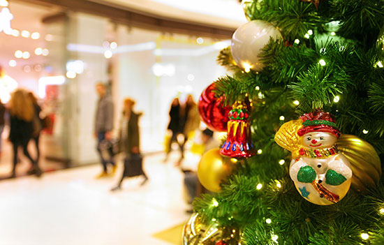 Holiday decorations in front of a business.