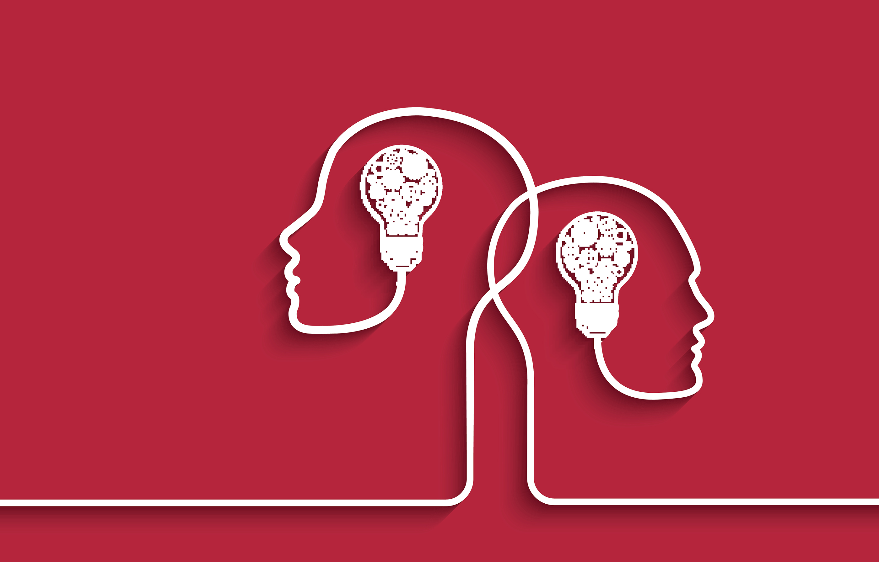 Human heads with light bulbs and gears on red background