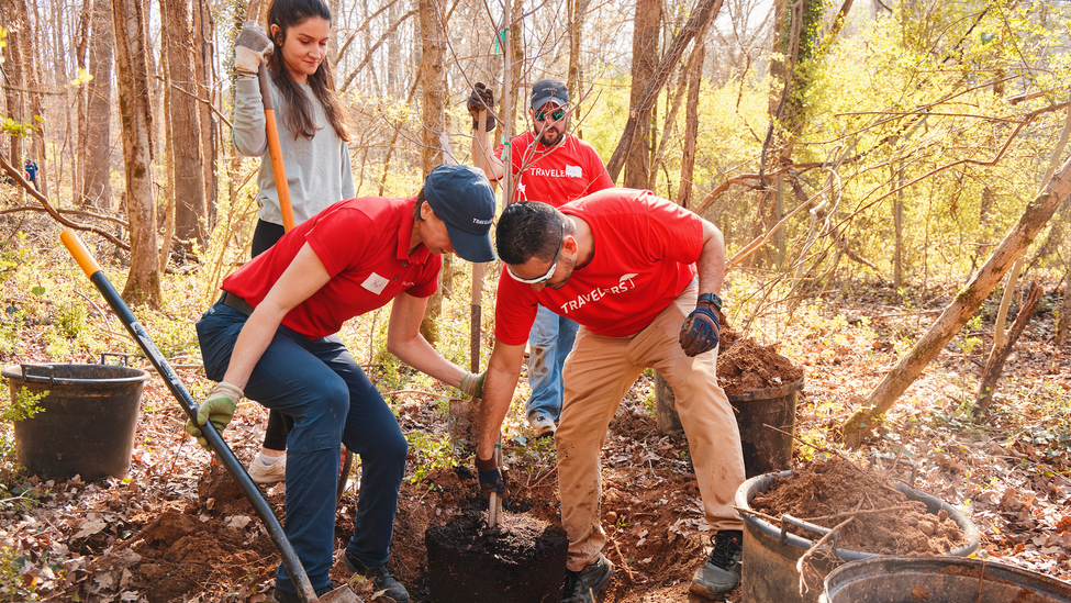 Travelers employees with shovels to plant trees, Go Paperless for a Purpose.