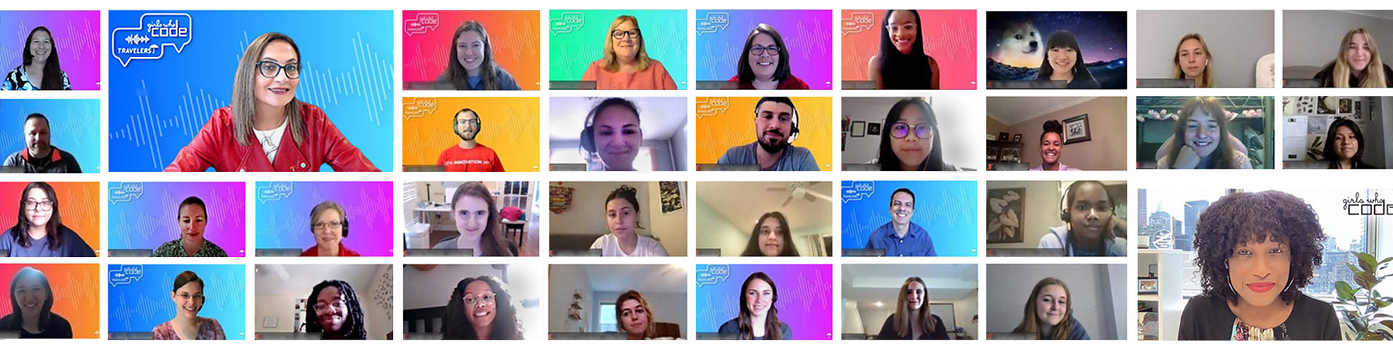 Collage of future women technologists attending a virtual conference.