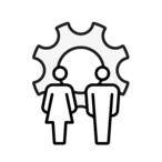 Two workers in front of gear icon.