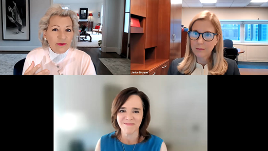 Joan Woodward, Janice Brunner and Louise Dube on a Zoom call