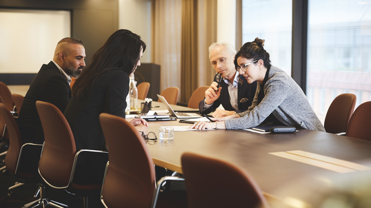 A team of business professionals meeting in an office, at a large desk. 