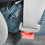 Close view of truck driver jeans and seat belt buckle