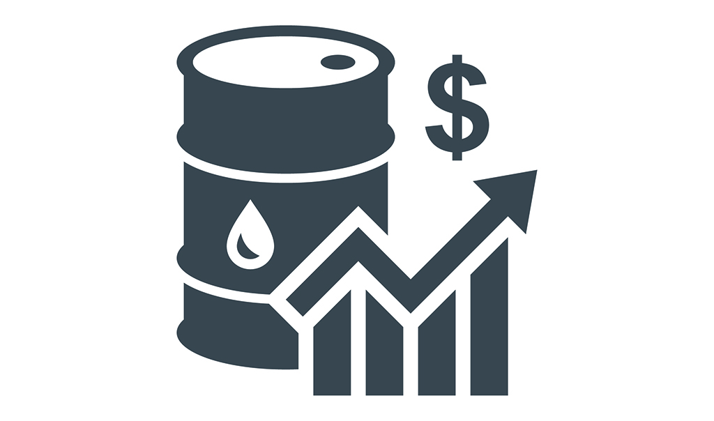 A black and white icon of a barrel of oil with a dollar sign and graph.