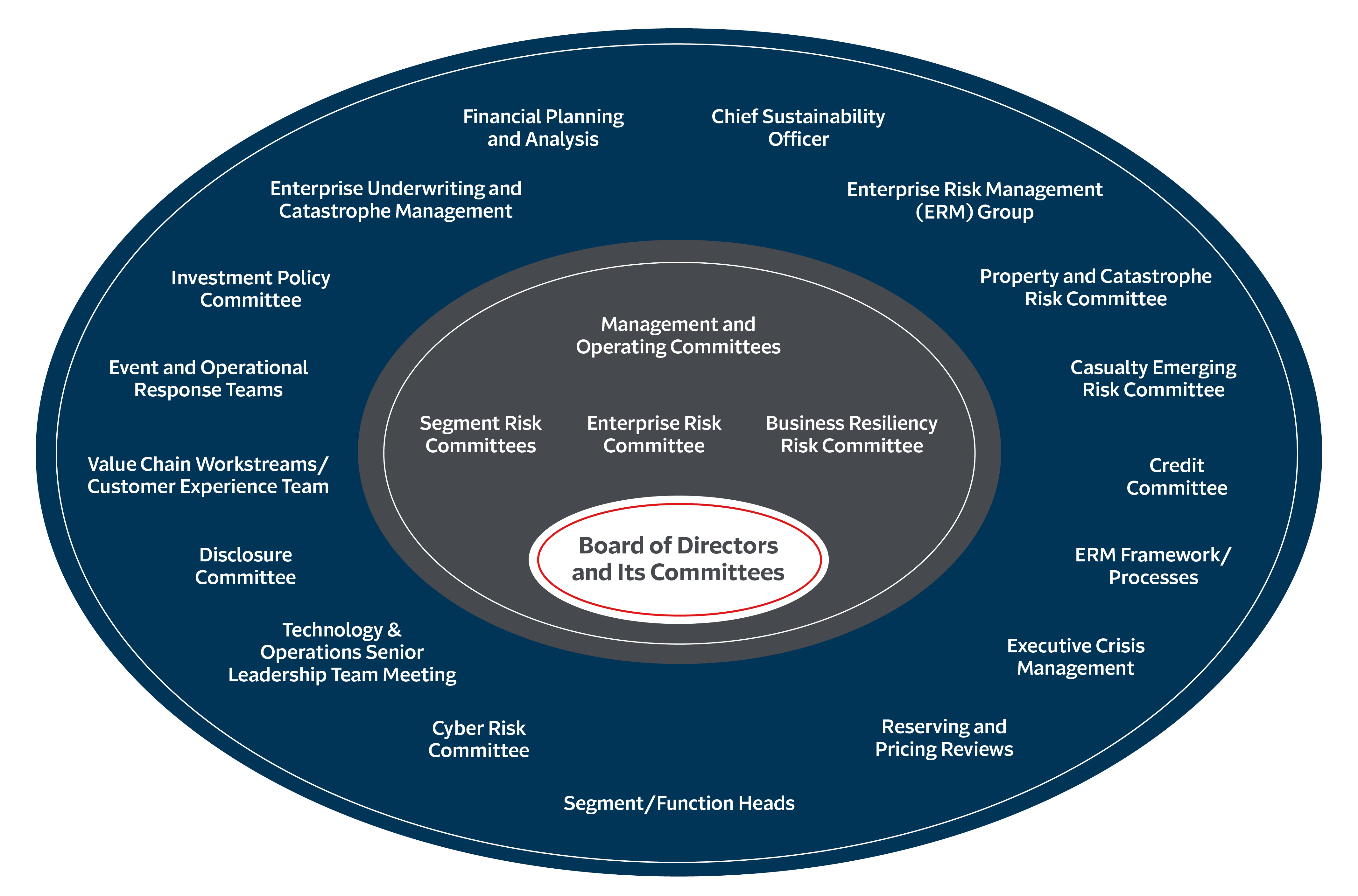 Diagram of the different groups, committees, functions and processes, see details below.