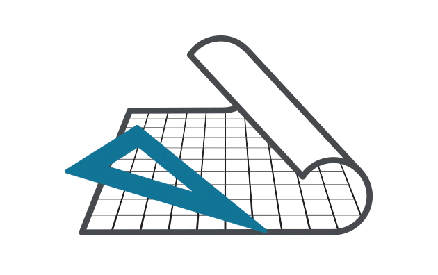 Illustration of a blue print and right angle ruler.