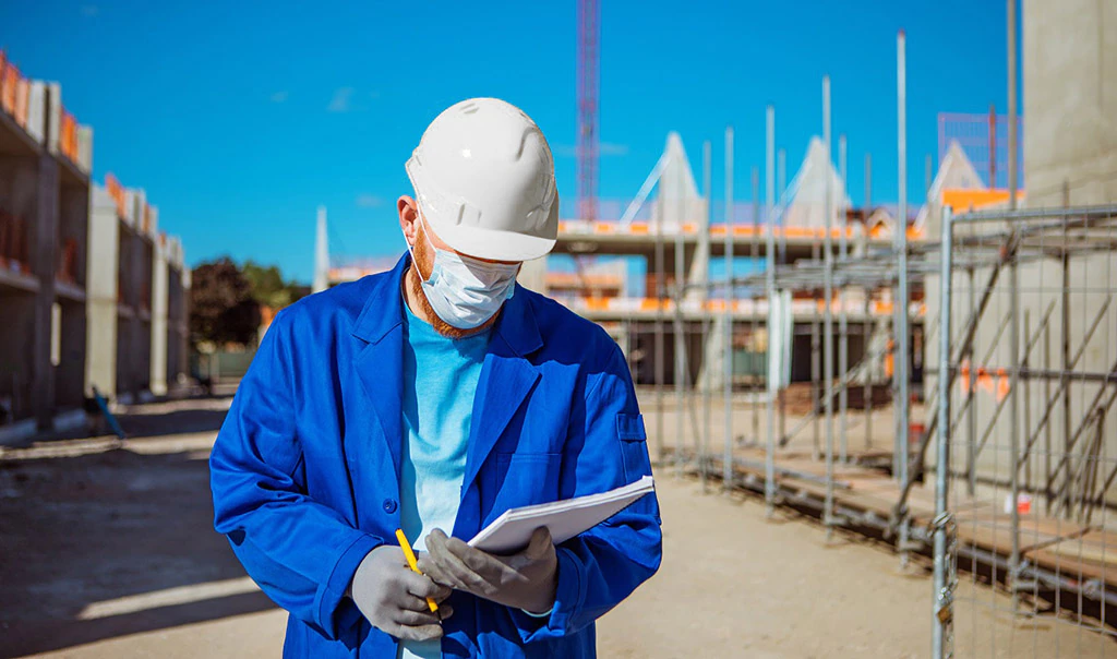 construction worker wearing blue jacket and white hard hat looking down at notebook on a construction site