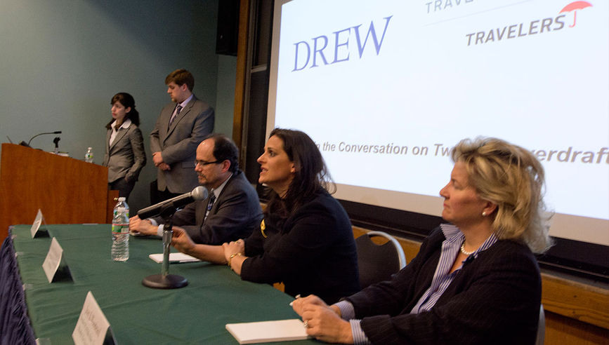 Student presidents (left) of Drew University’s business and political science clubs moderate a panel discussion.