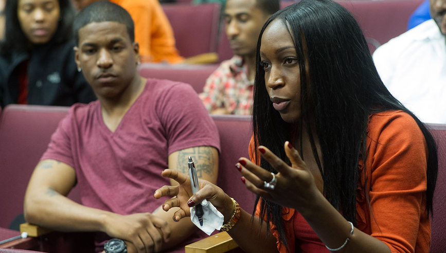 A Morgan State University student speaks in front of her peers