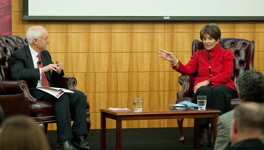 U.S. Representative Anna Eshoo (right) discusses the national debt with SIEPR Deputy Director Gregory L. Rosston (left) on stage