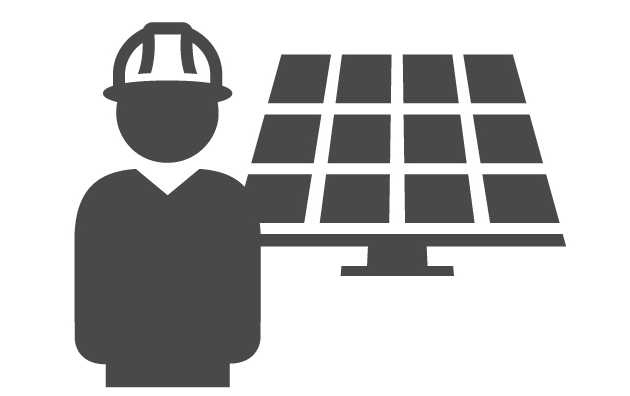 A black and white icon of a person with a helmet and solar panel.