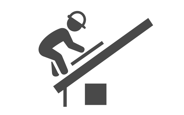 A black and white icon of a person wearing a helmet and sitting on a roof.