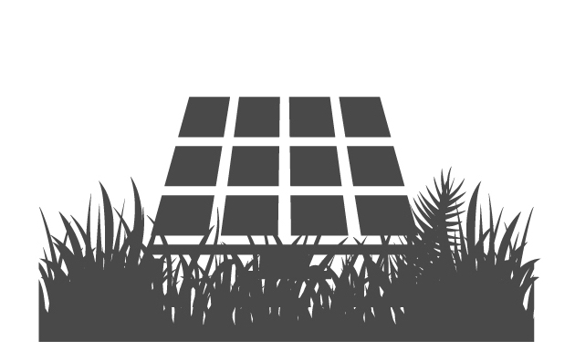 A black and white icon of a solar panel in grass.