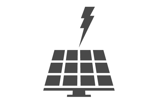 Black and white icon of a solar panel with a lightning bolt.