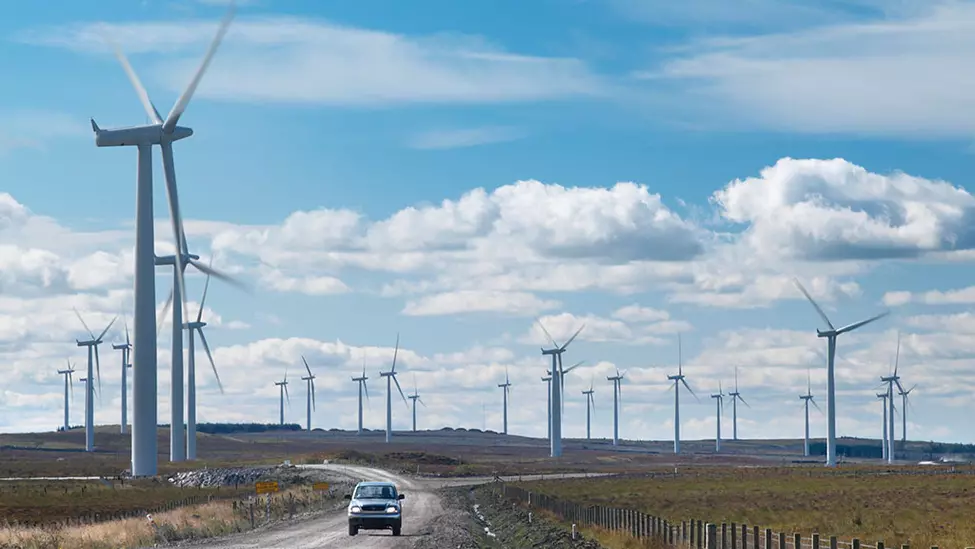 Employee driving on road next to wind farm.