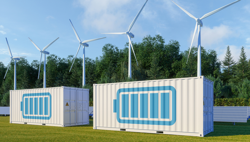 Energy storage system with solar panel, wind turbines and Li-ion Battery containers.