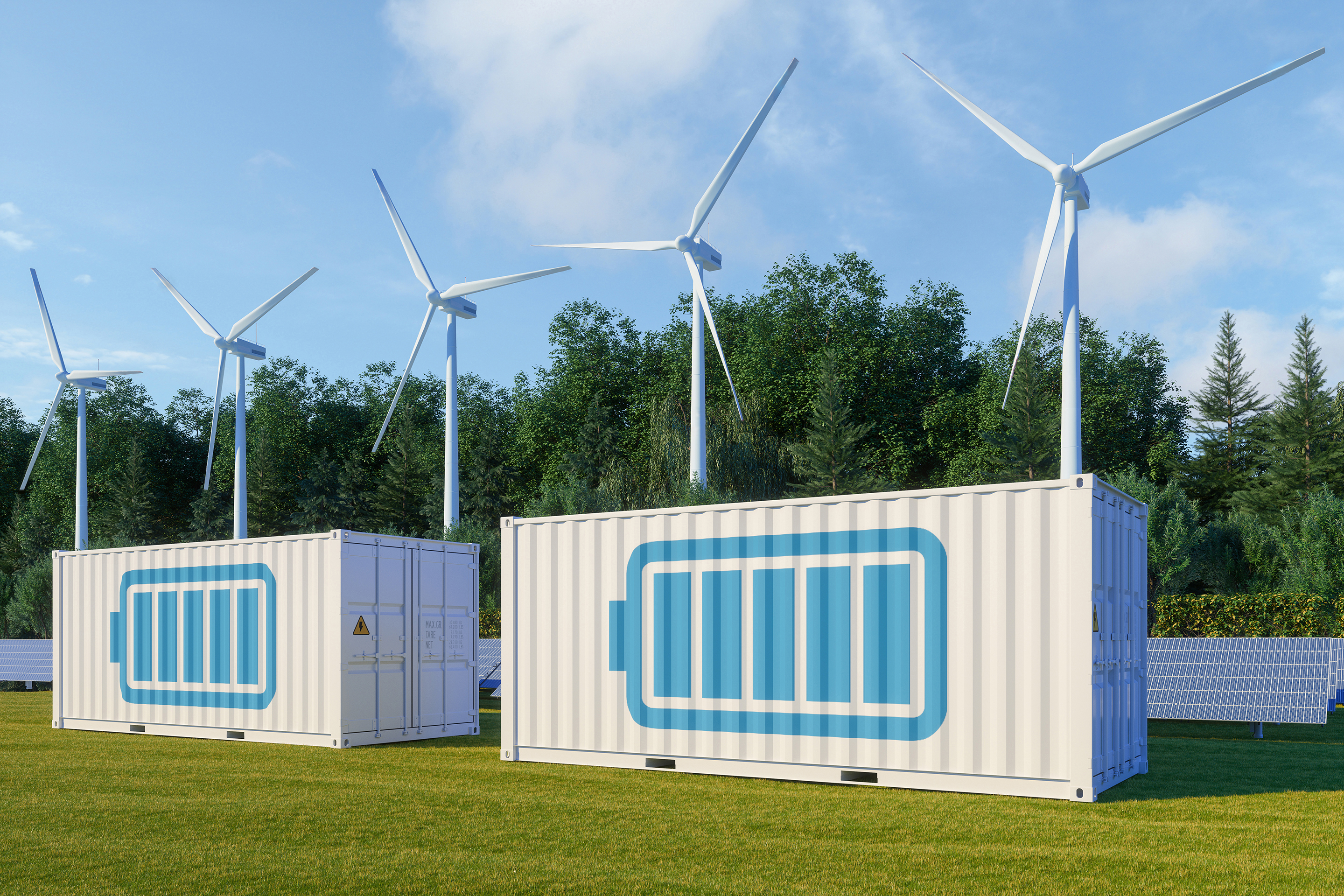 Energy storage system with solar panel, wind turbines and Li-ion Battery containers.