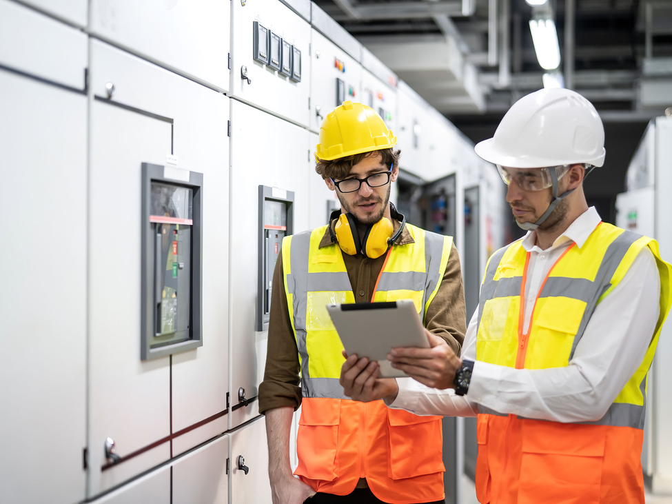 Two people in safety hats and vests standing in an industrial building looking at information on a tablet