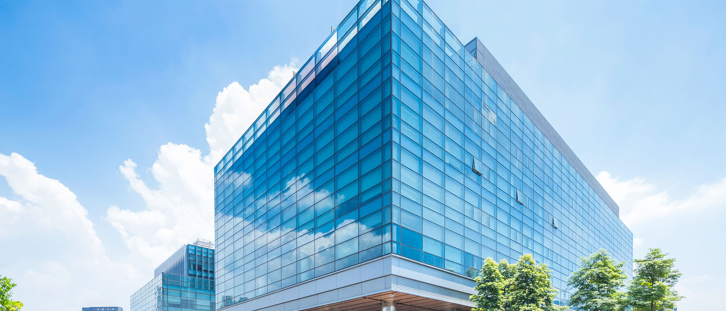 A row of office buildings in an office park.