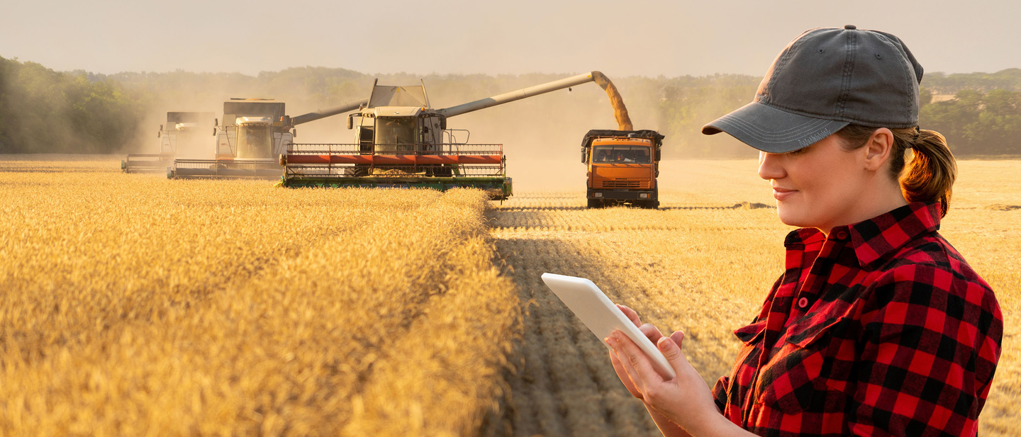 Farmer in buffalo-check long-sleeve shirt and ball cap holding up tablet computer, standing in field with harvester in the background.