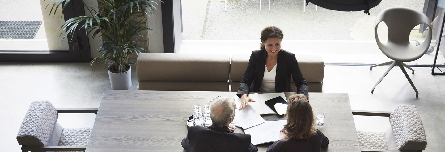 Overhead shot of group of business professionals around a conference table.