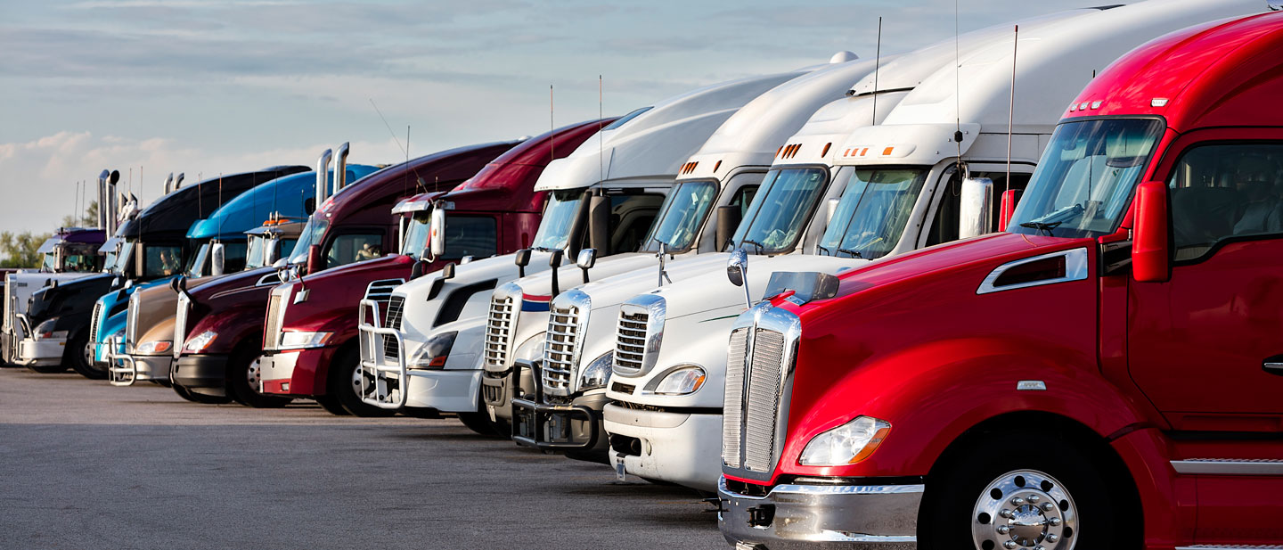 Fleet of red, white, blue, and black semitrucks in a parking lot.