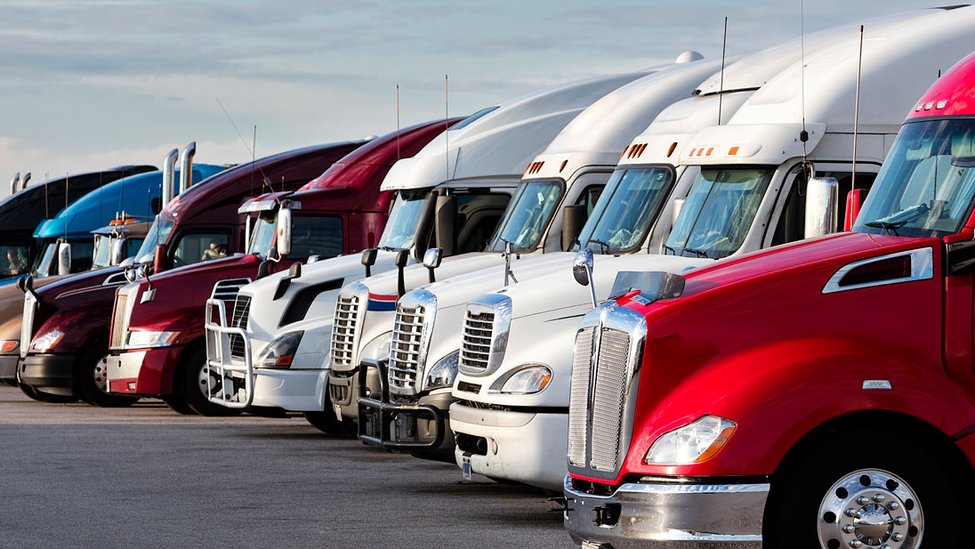 Fleet of red, white, blue, and black semitrucks in a parking lot.