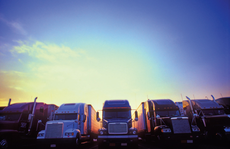 Fleet of six trucks in parking lot