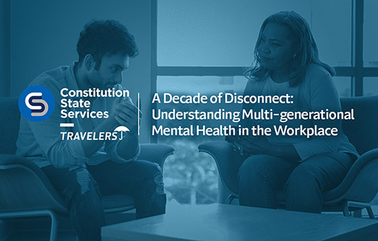 Background image of two people talking shaded in blue. Travelers logo and Constitution State Services logo. Text, Understanding Multi-generational Mental Health in the Workplace