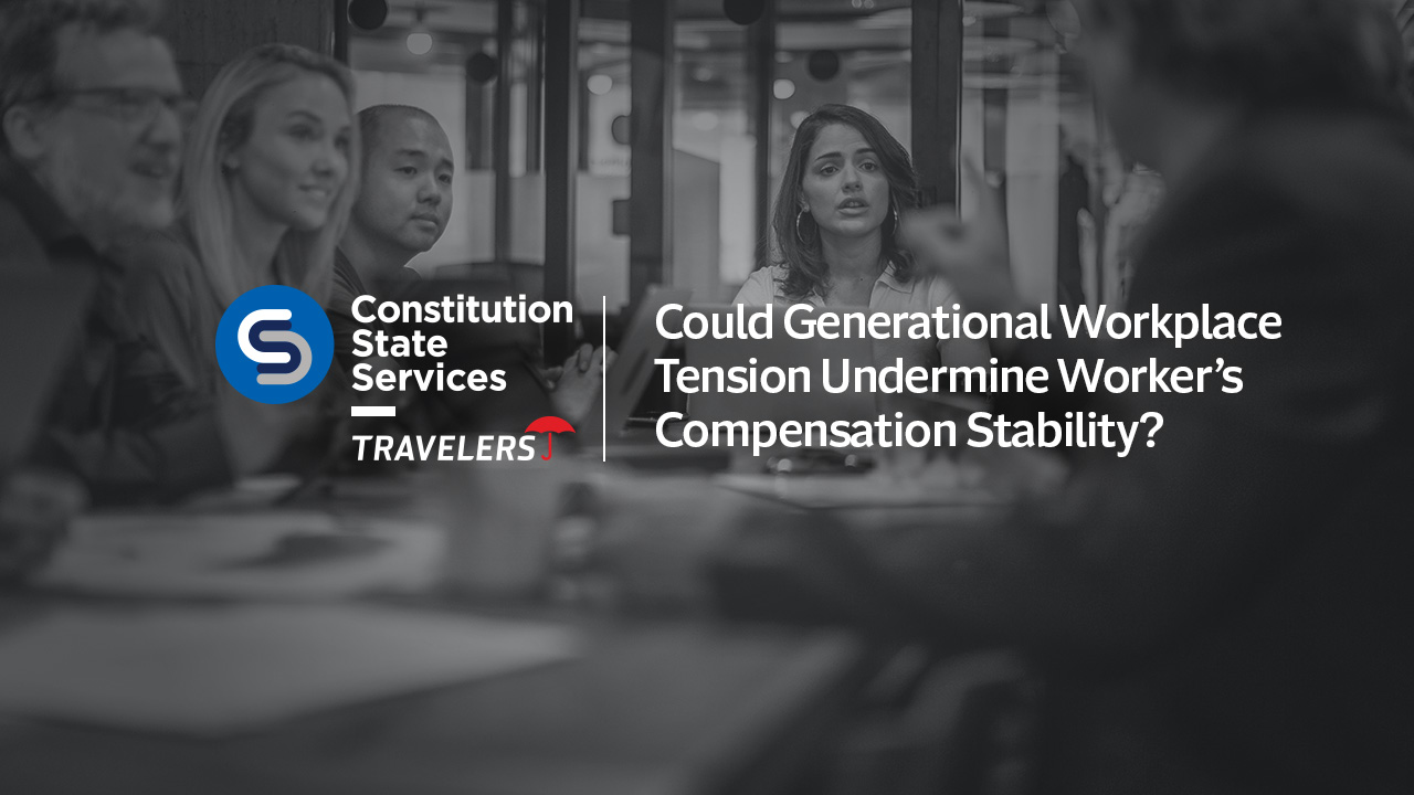 Background image of a group of people in a meeting, shaded in dark gray. Travelers logo and Constitution State Services logo. Text, Could Generational Workplace Tension Undermine Worker's Compensation Stability?