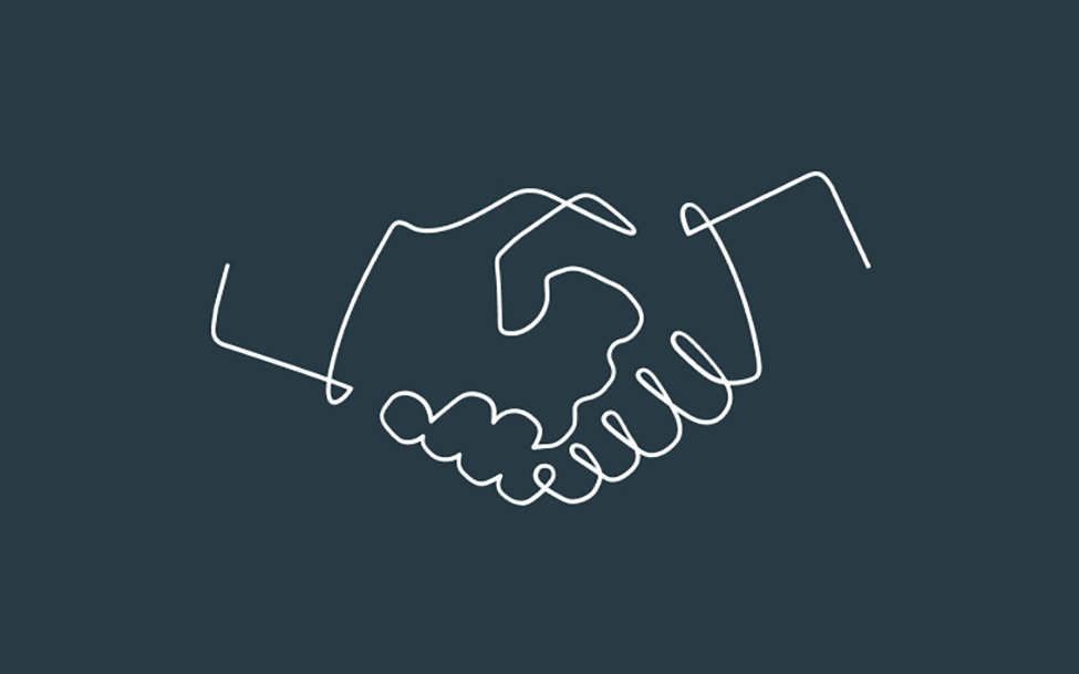 White line drawing of a handshake on grey background.