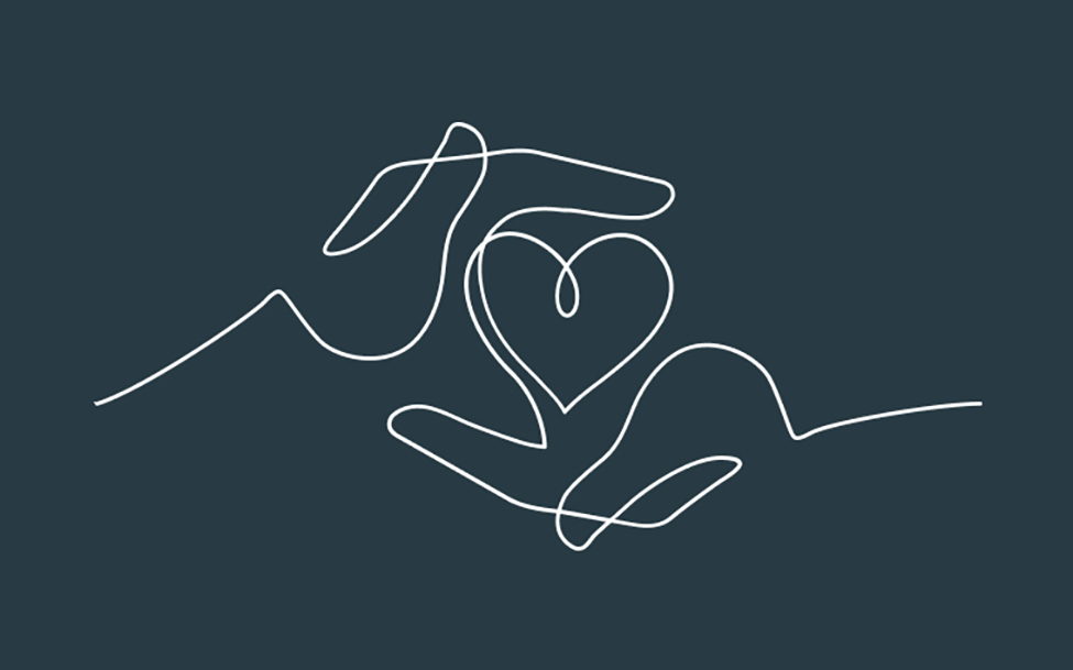 White line drawing of hands with a heart on grey background.