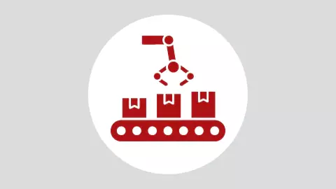 Icon of a machine grabbing items off of a conveyor belt.