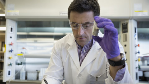 Scientist in lab examining contents of test tube.