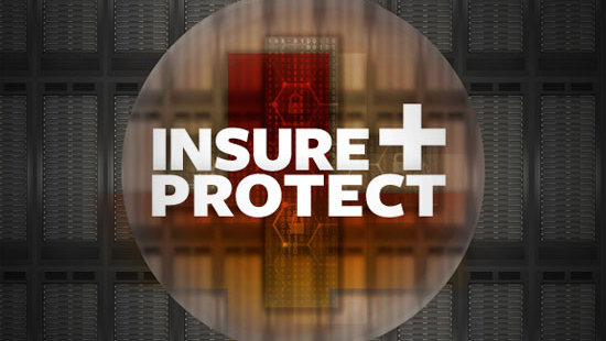 Graphic of a computer screen reading, “INSURE + PROTECT” against a patterned dark background.