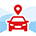 Icon depicting an illustration of a red car with a map marker above it against a blue background.