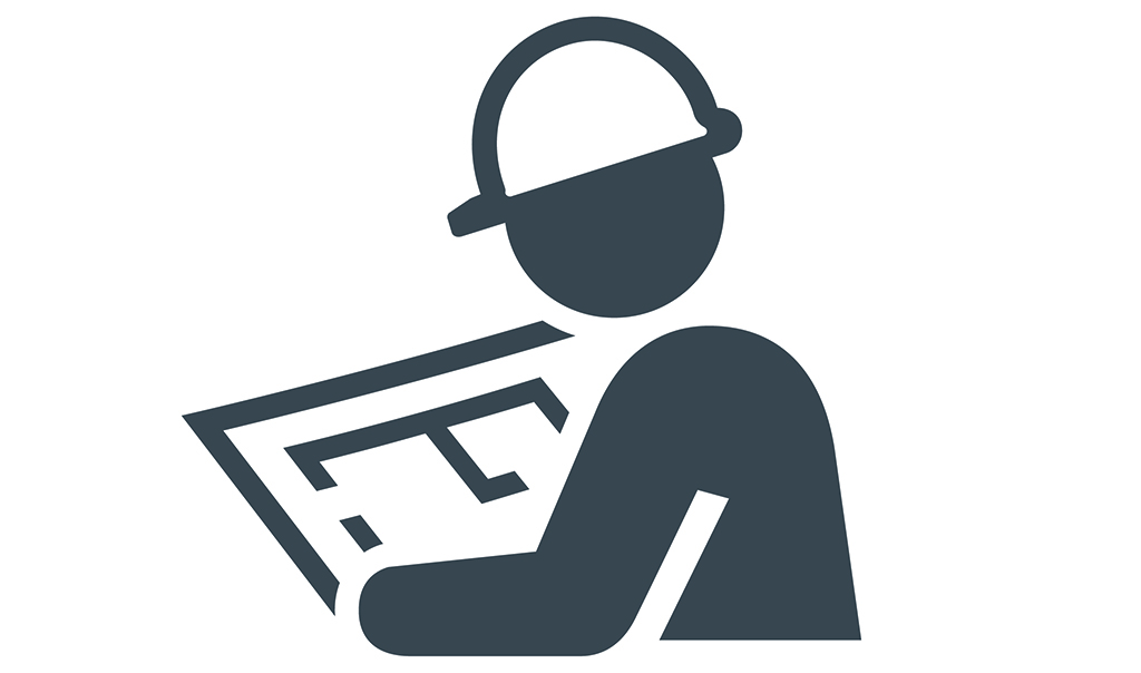 A black and white icon of a person with a helmet reading a blueprint.