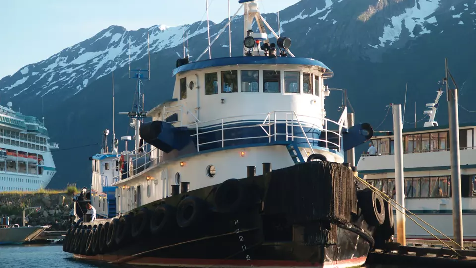 Large ship in the water with ice cap mountains in background.